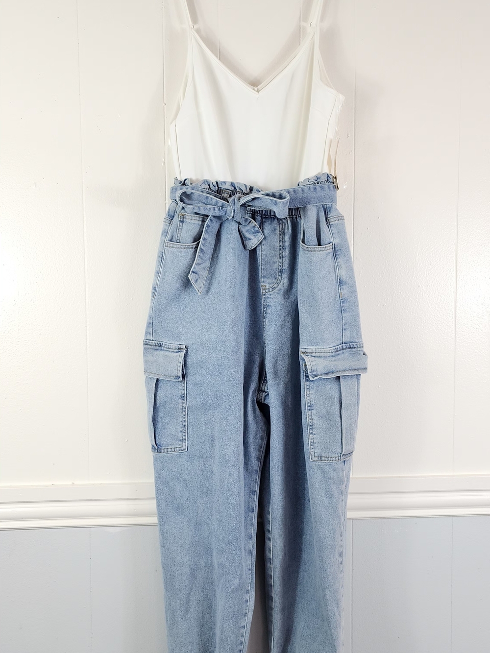 Riley & James Denim Light Blue Paperbag Waist Denim Jumpsuit with Cargo Pockets